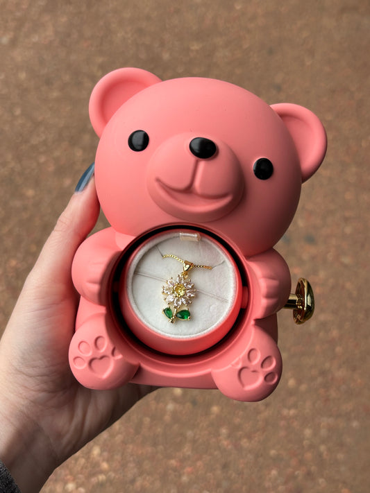 Combo Osito Sorpresa Rosa con Collar Margarita y Rosa Eterna 🧸🌼